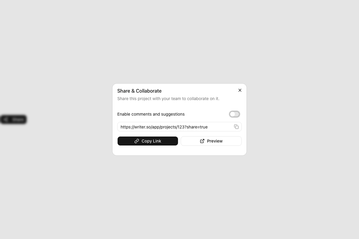 Dialog with Link Share and Toggles implementation screenshot