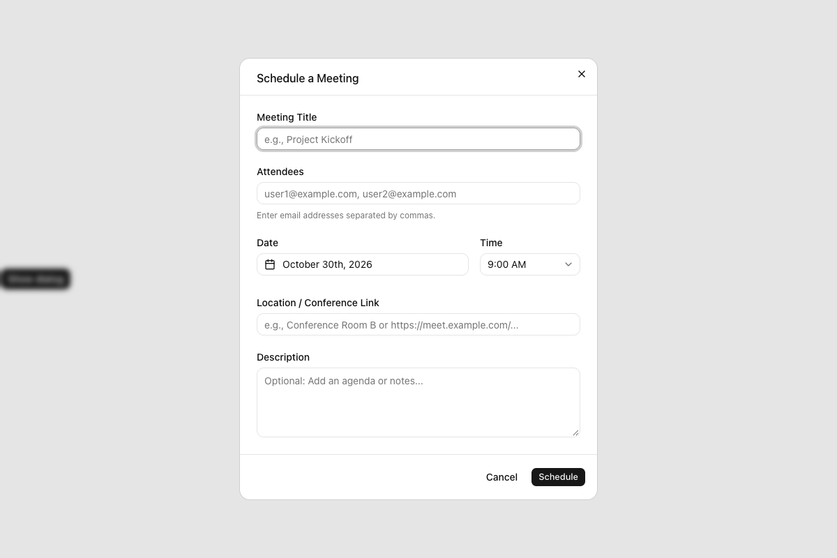 Dialog with Calendar and Time Picker implementation screenshot