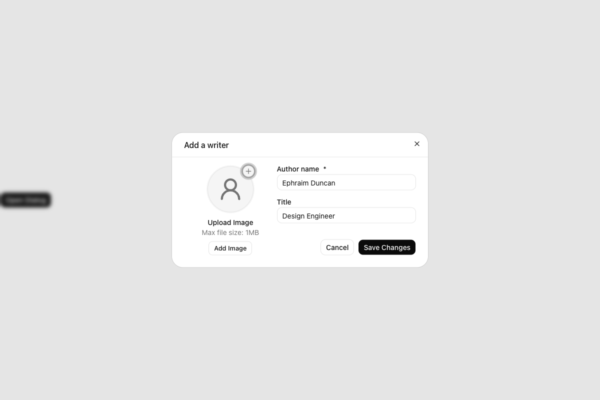 Dialog with Avatar Upload implementation screenshot