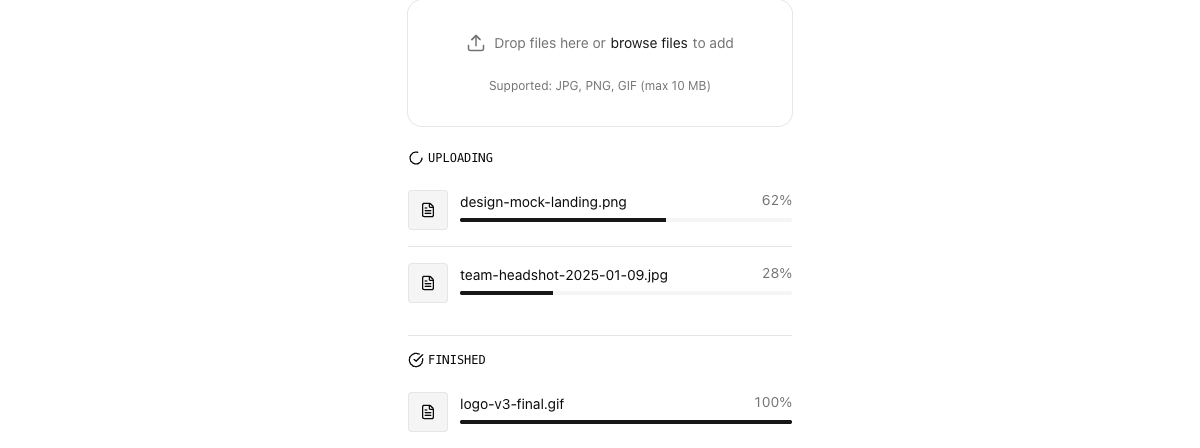 File Upload with Status Sections implementation screenshot