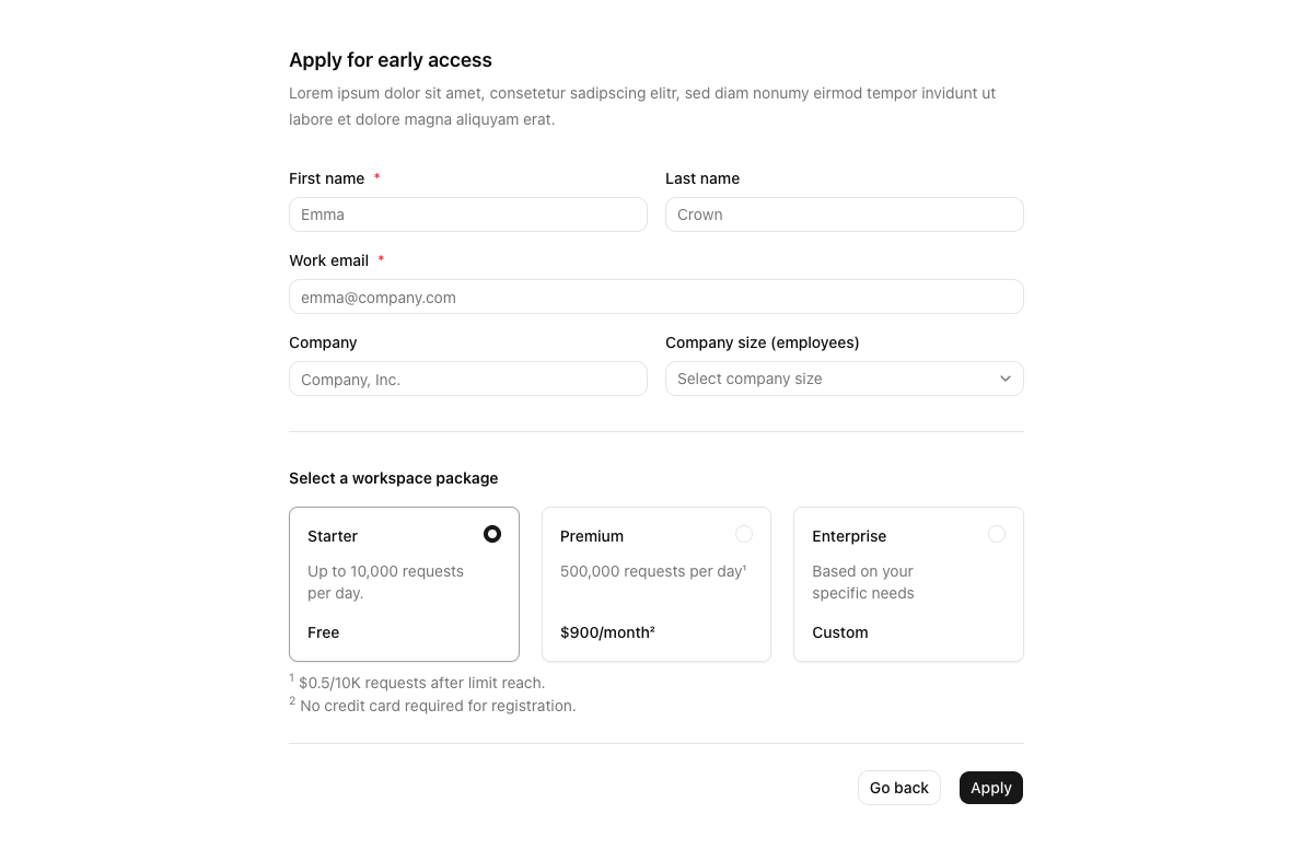 Form with Package Selection implementation screenshot