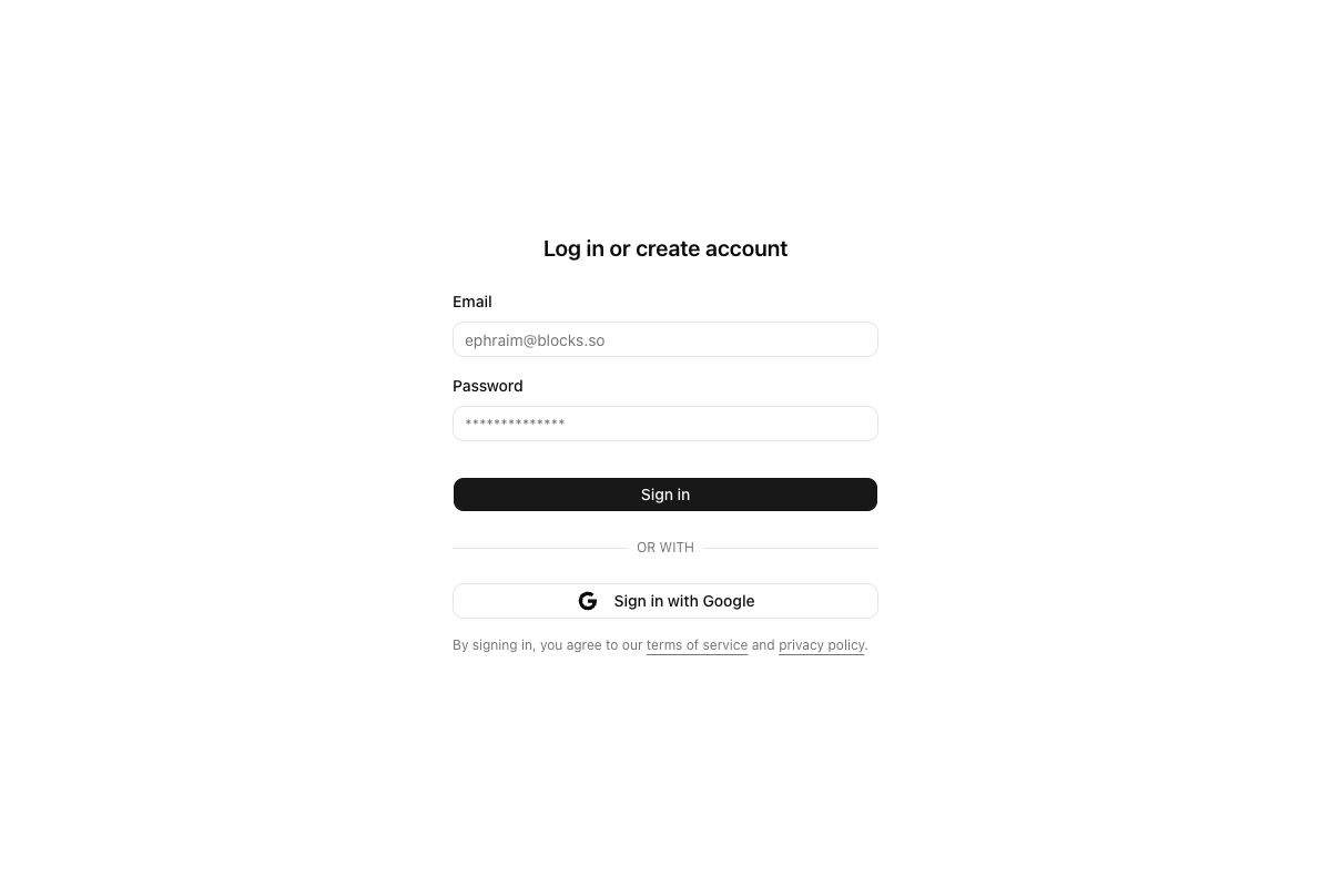Login with Email, Password and Google implementation screenshot