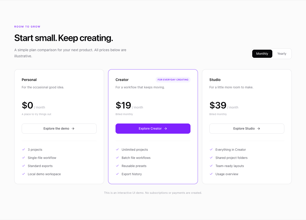 Simple Subscription Pricing rendered preview