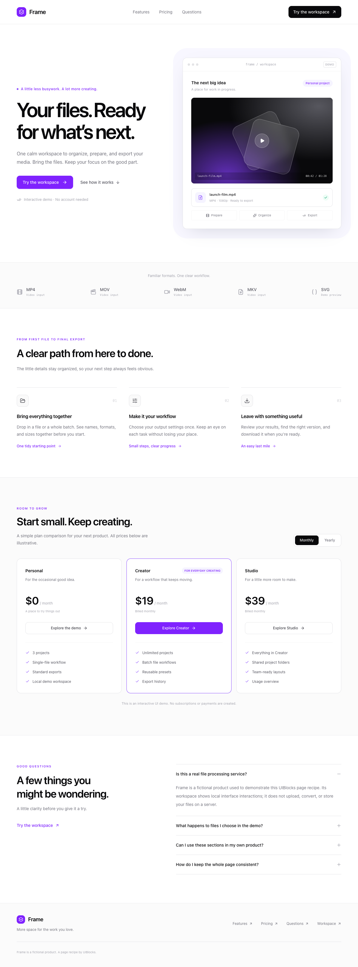 AI tool landing page full page preview